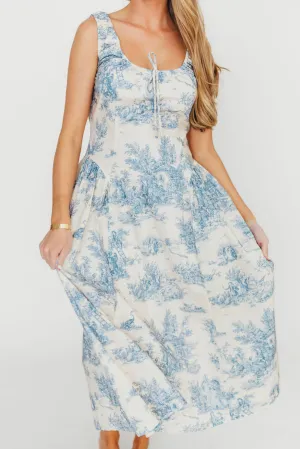 Skyla 100% Cotton Toile Midi Dress with Tie in Blue