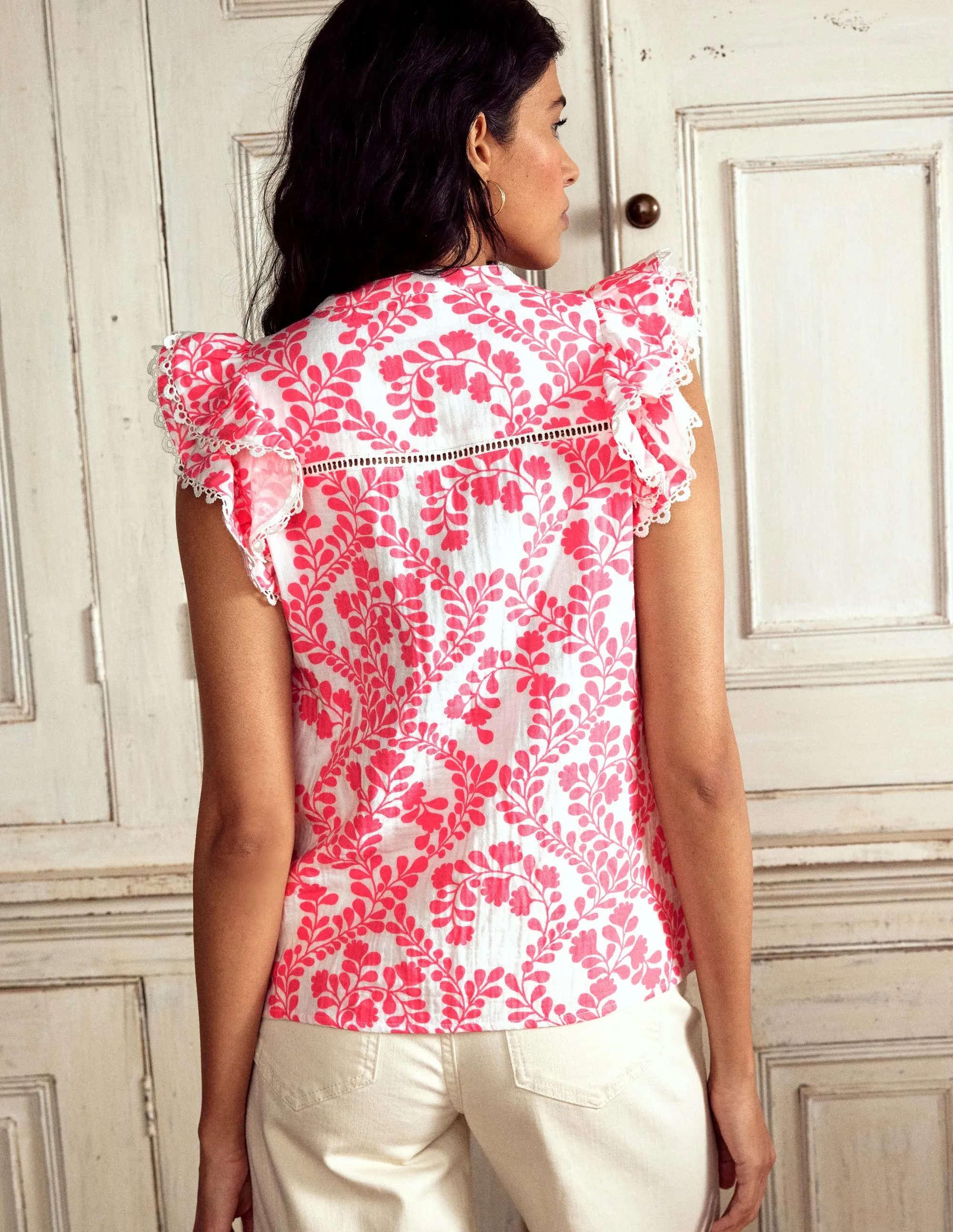 Sleeveless Double Cloth Top-Azalea Pink. Vine Silhouette