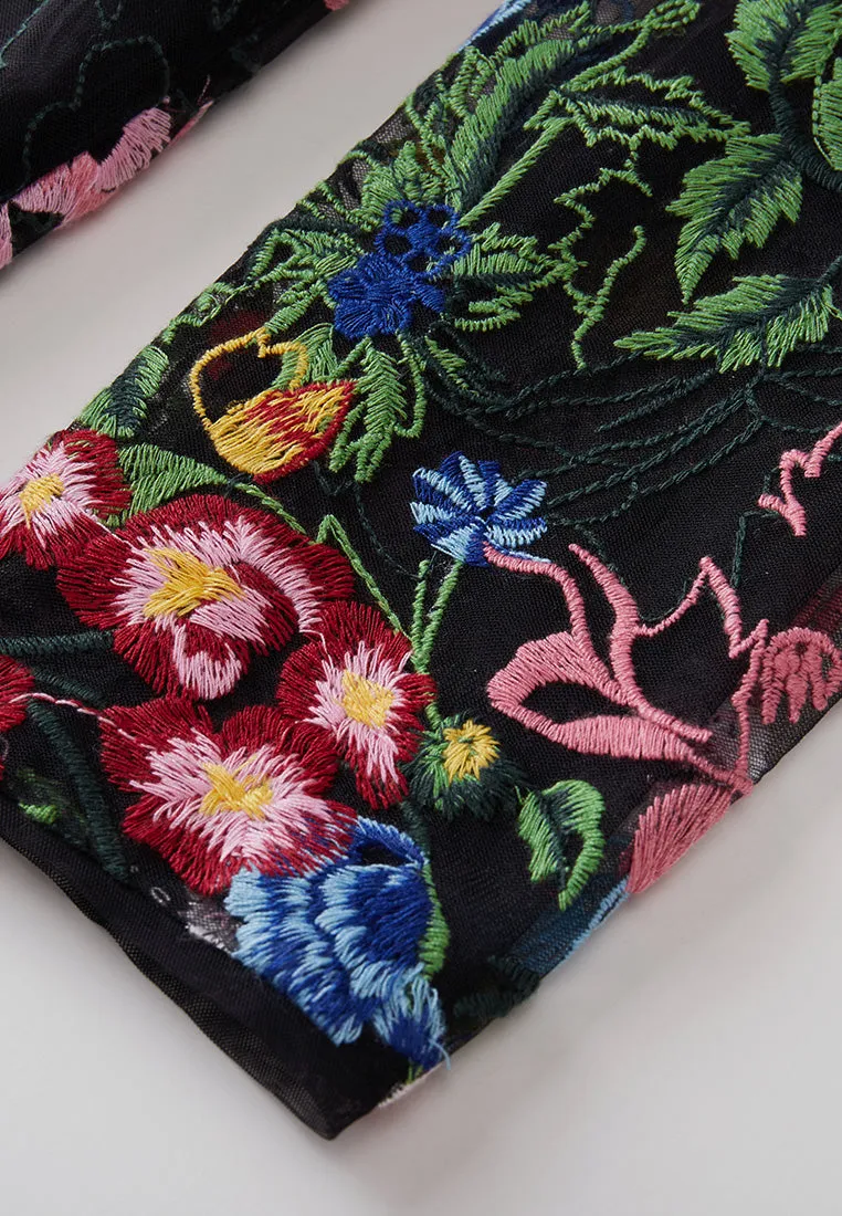 Slim-fit Fishtail Floral Embroidered Mesh Dress