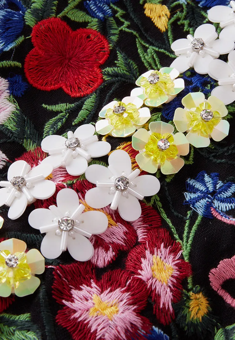 Slim-fit Fishtail Floral Embroidered Mesh Dress