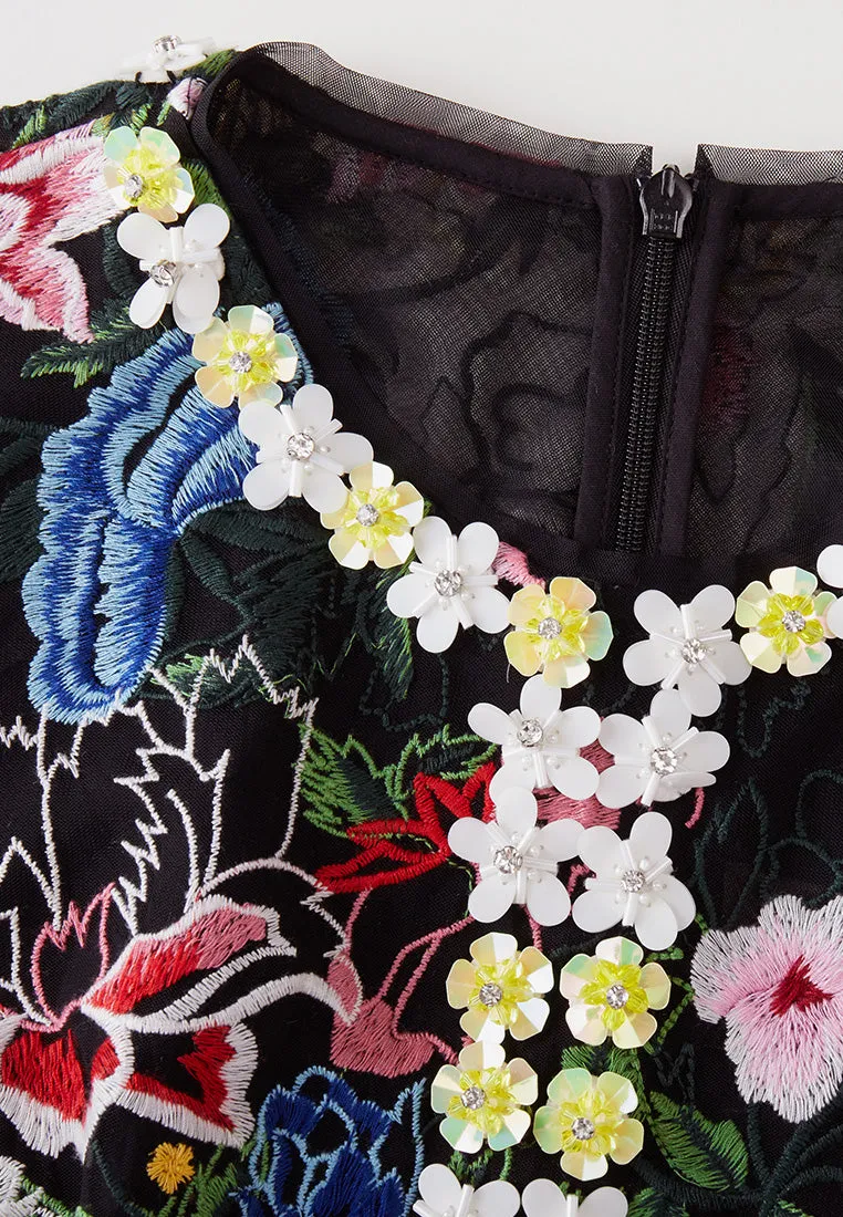 Slim-fit Fishtail Floral Embroidered Mesh Dress