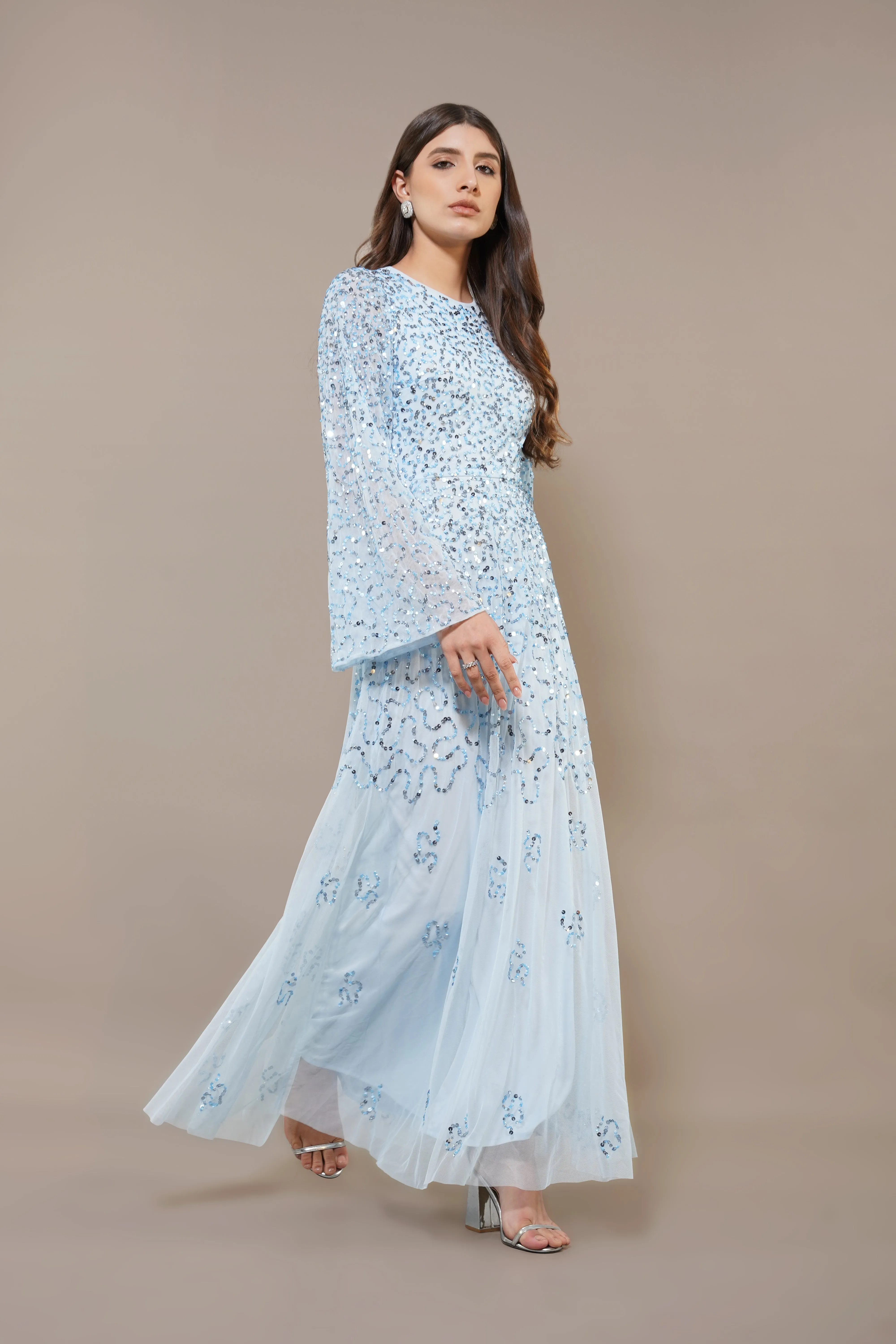 Sloane Long Sleeve Embellished Maxi Dress in Sky Blue