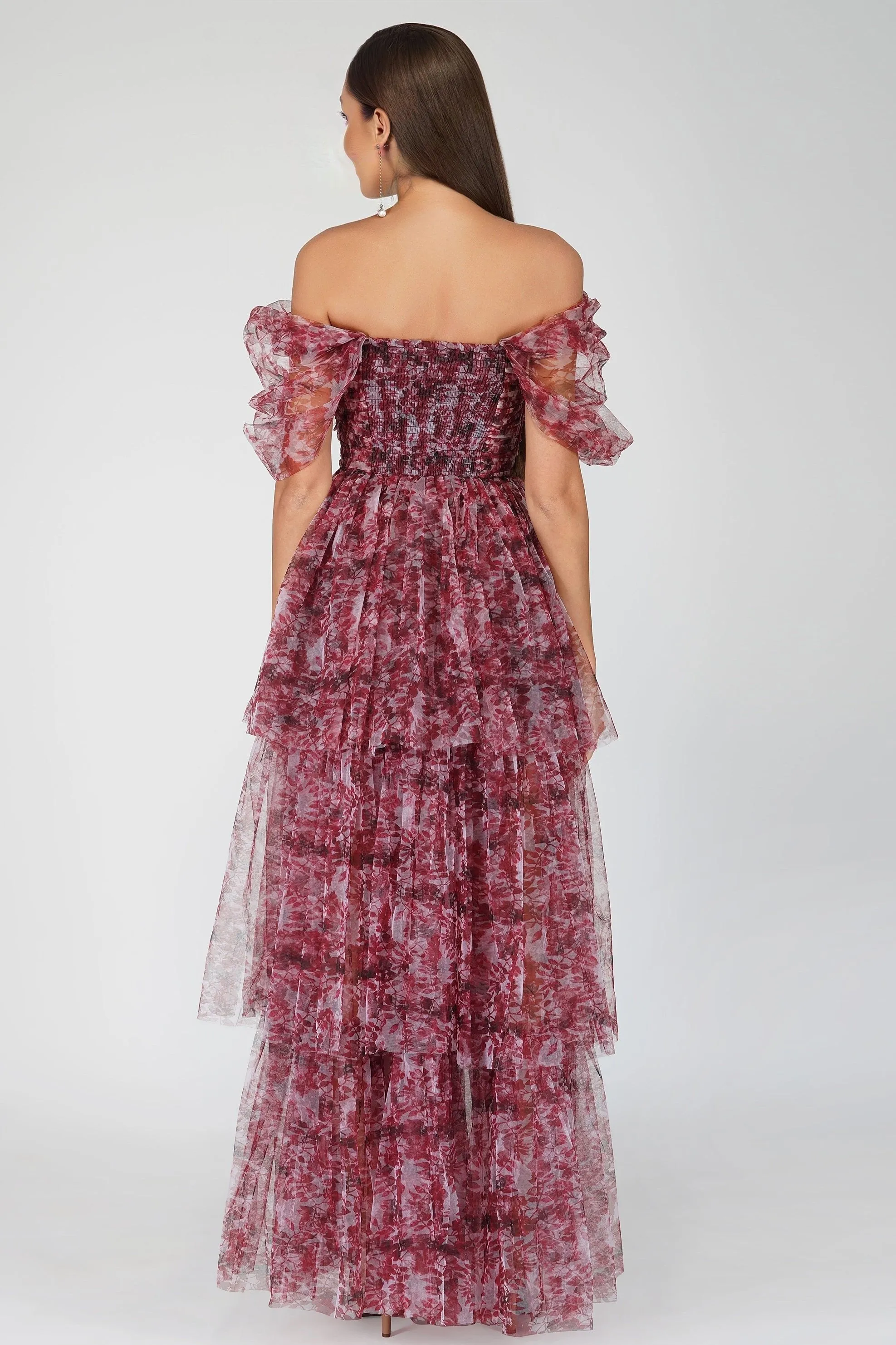 Sydney Tulle Maxi Dress in Burgundy Print