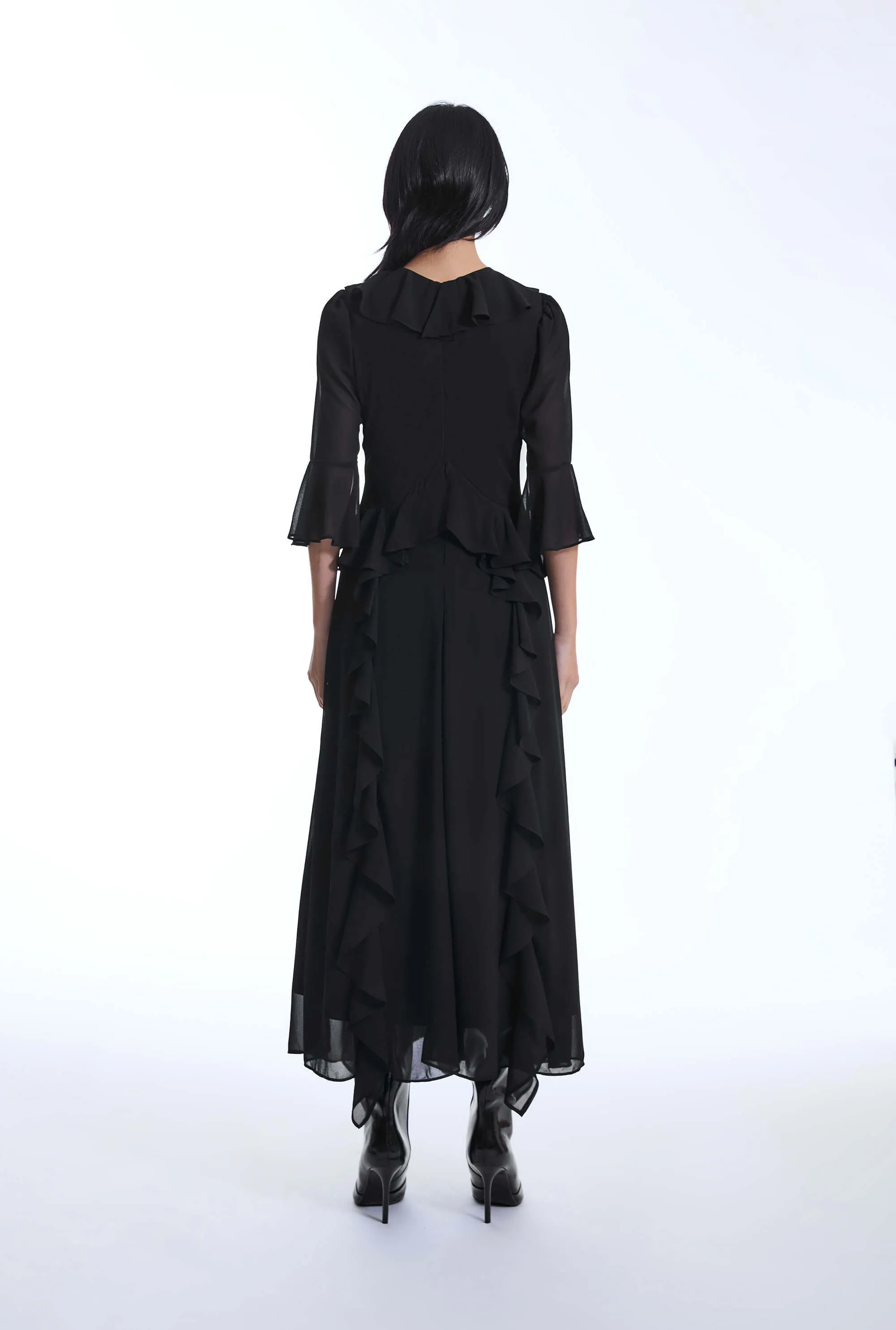 V-Neck Ruffle Black Dress