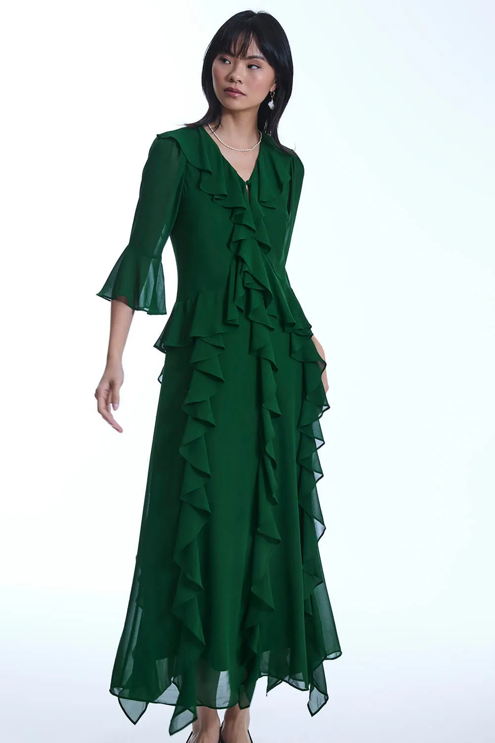V-Neck Ruffle Green Dress