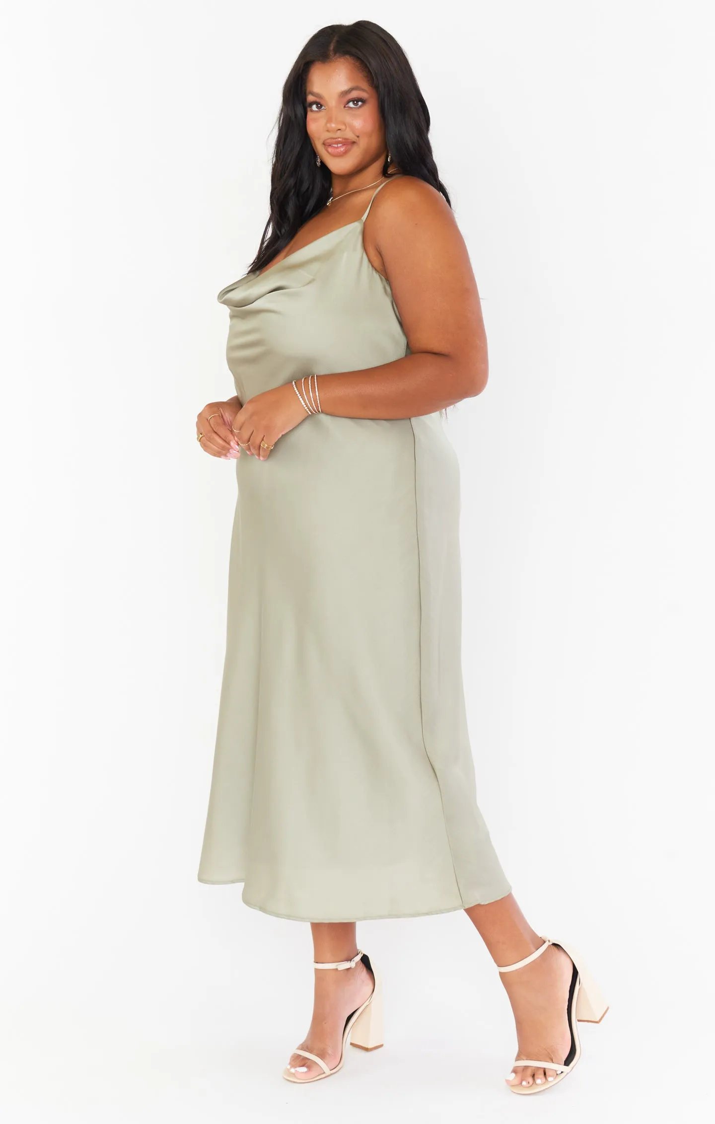 Verona Cowl Dress ~ Moss Green Luxe Satin