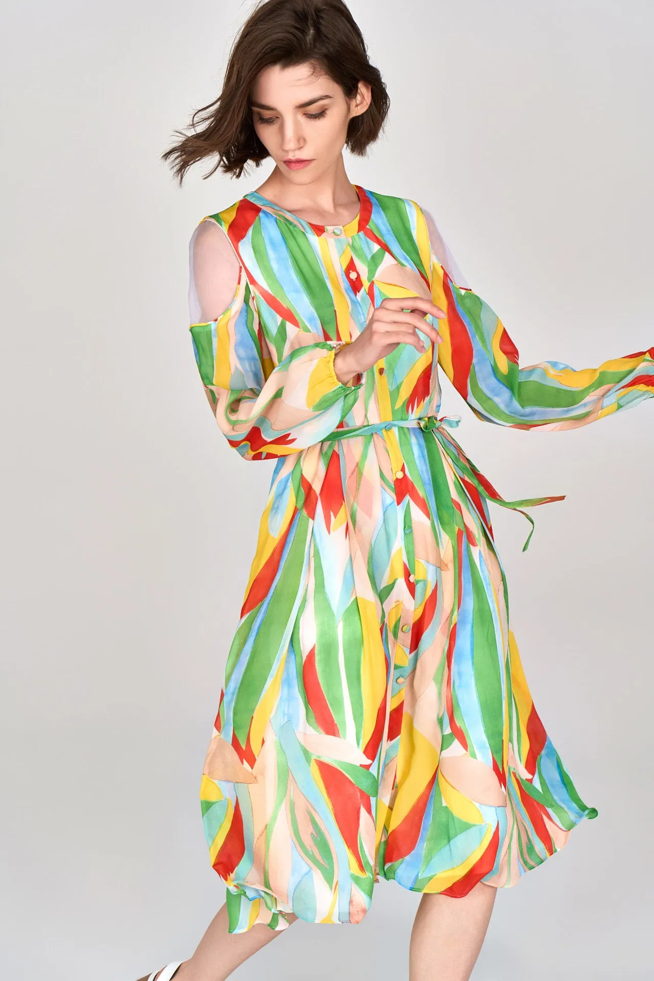 Vivid Shoulder Cut-out Chiffon Dress
