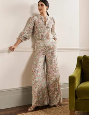 Zoe Wide Leg Palazzo Trousers-Ivory. Flora Paisley